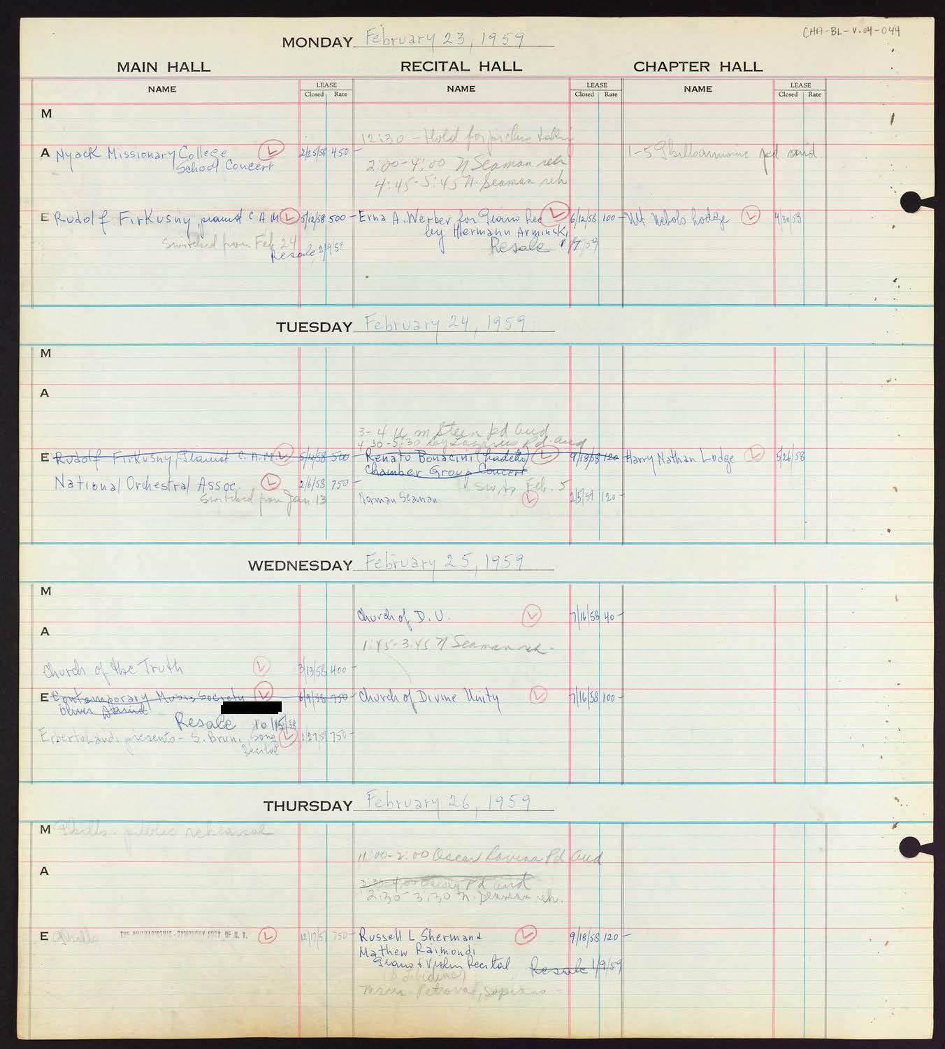 Carnegie Hall Booking Ledger, volume 4, page 44