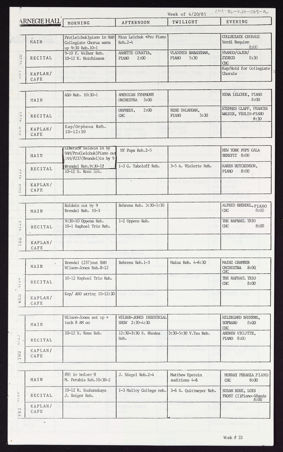 Carnegie Hall Booking Ledger, volume 30, page 69a