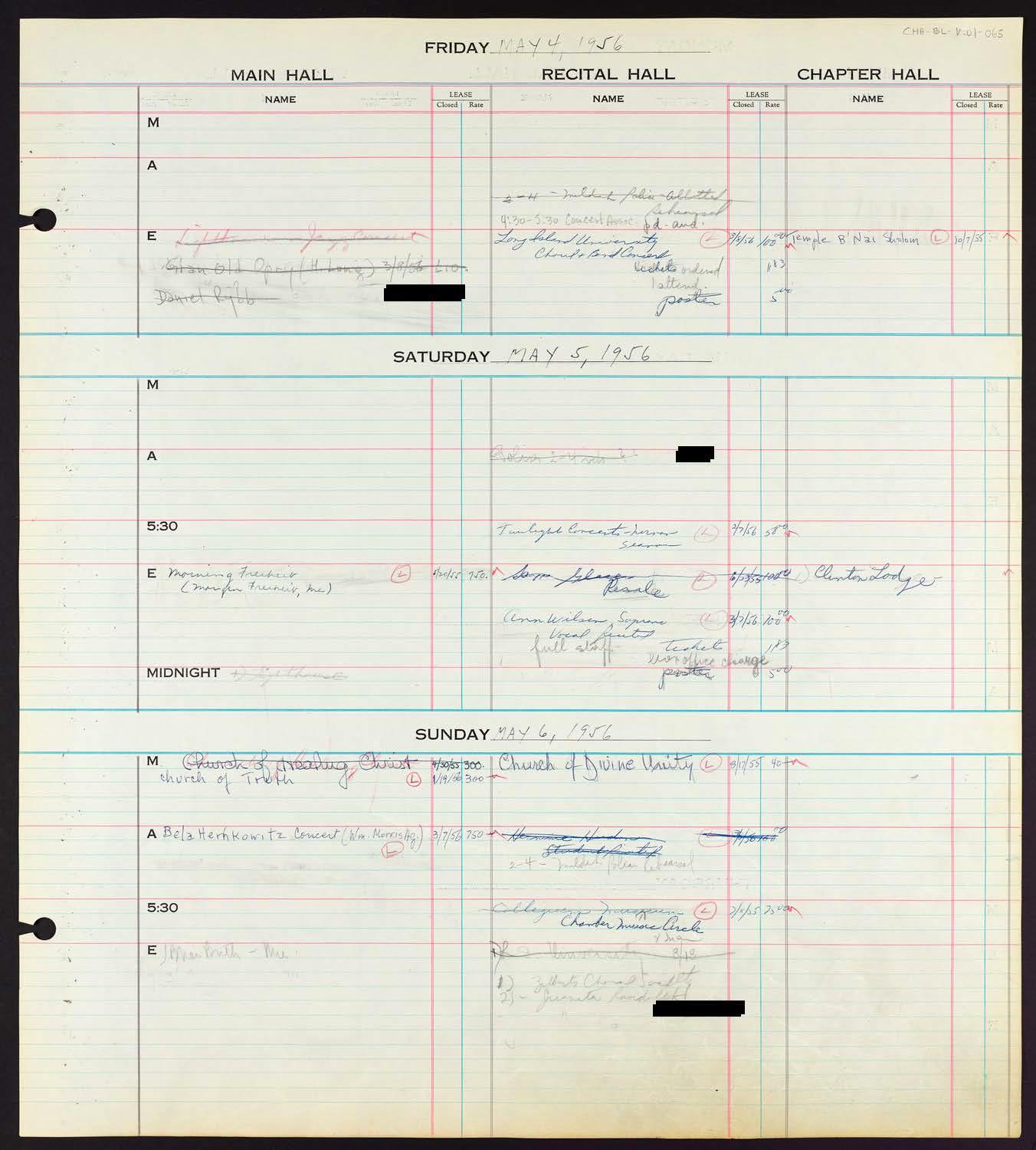 Carnegie Hall Booking Ledger, volume 1, page 65