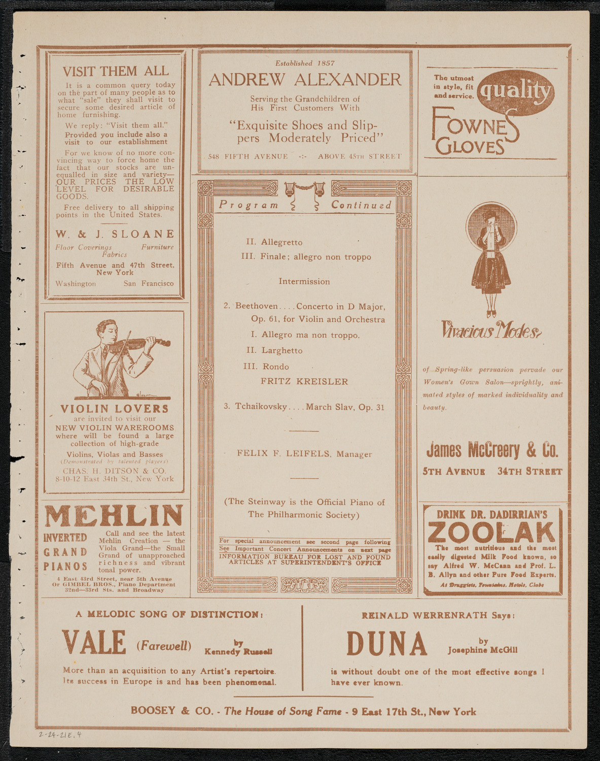 New York Philharmonic, February 24, 1921, program page 7