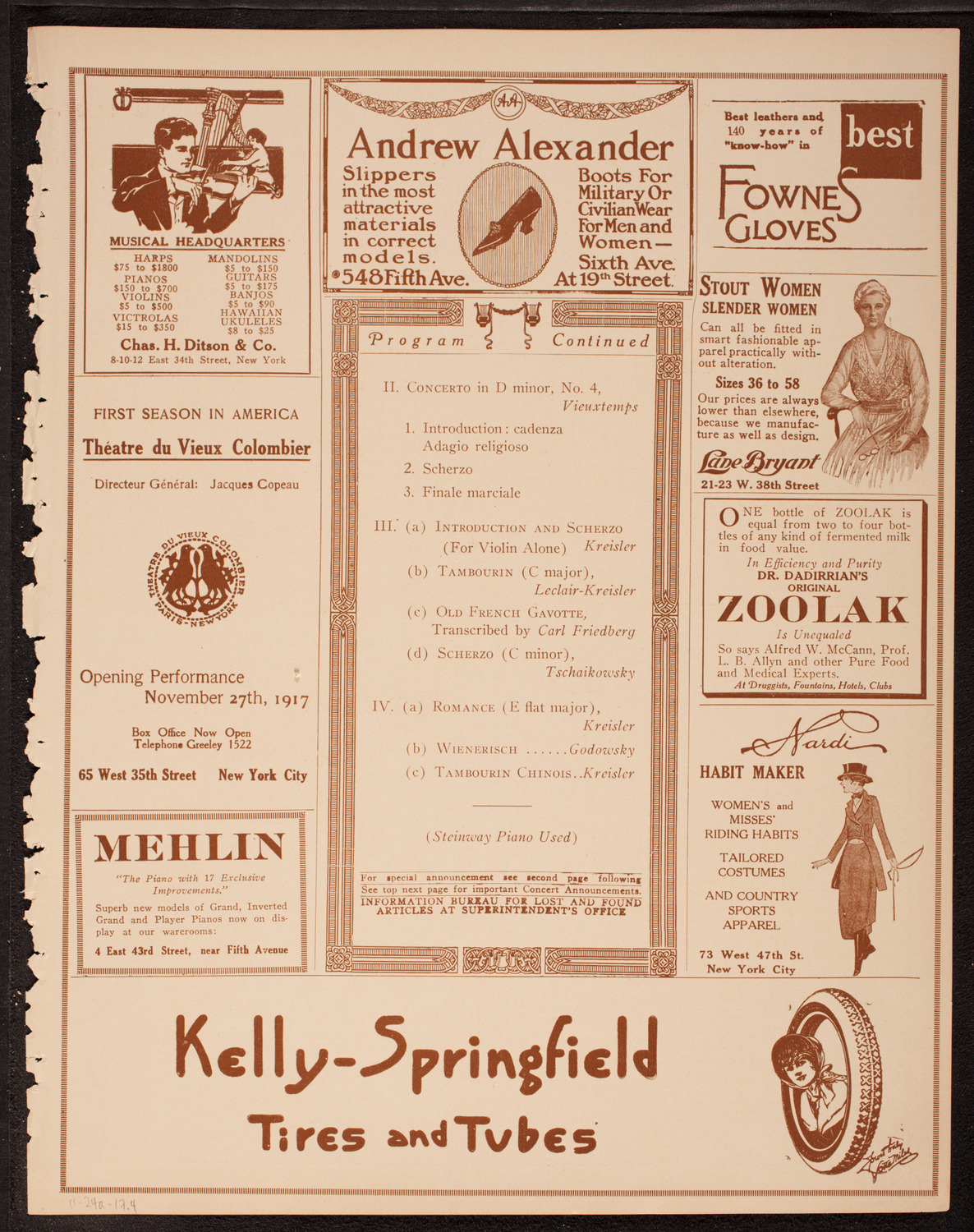 Fritz Kreisler, Violin, November 24, 1917, program page 7