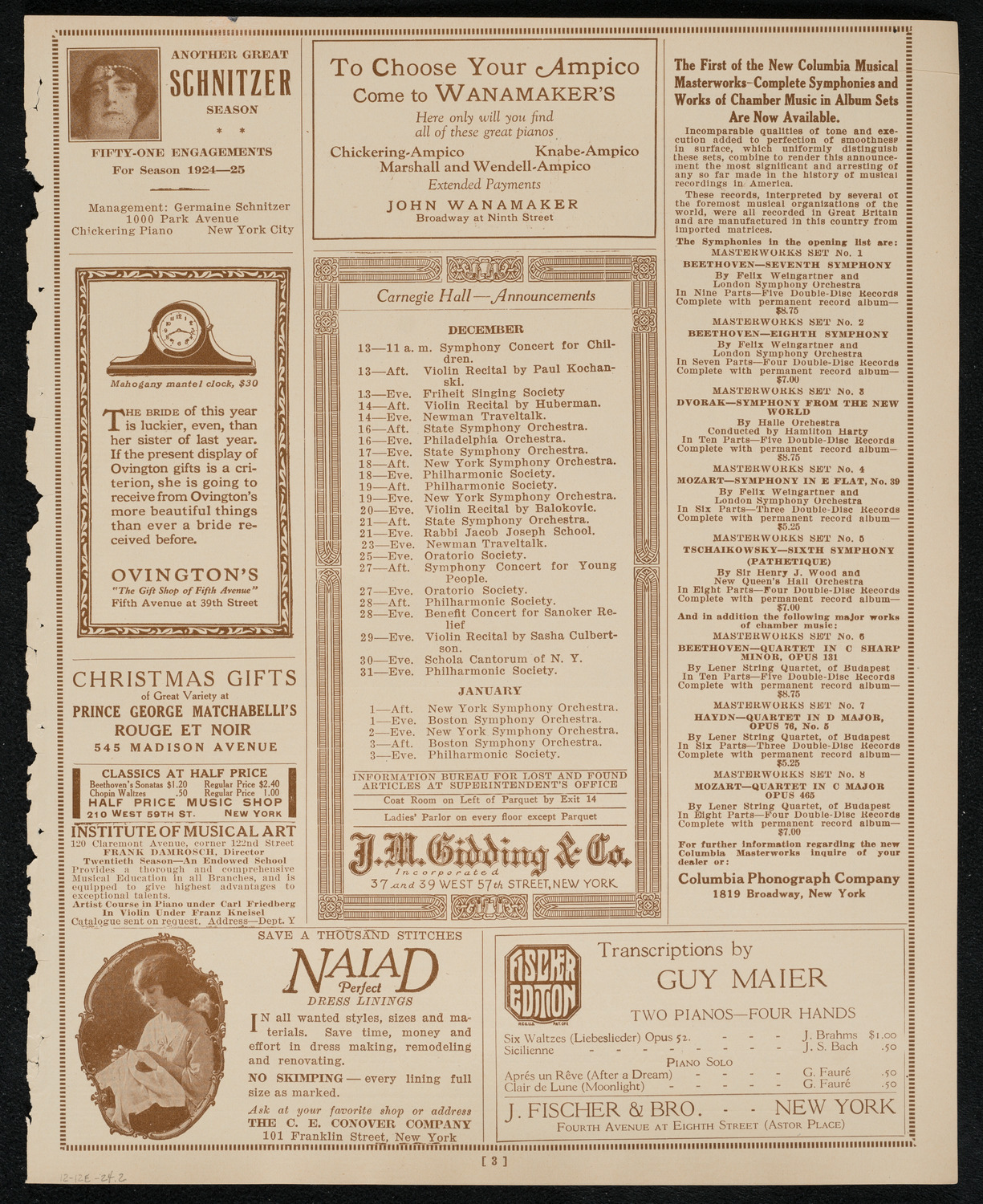 Wanda Landowska, Paul Kochanski, Rene Pollain, and Evsei Beloussoff, December 12, 1924, program page 3