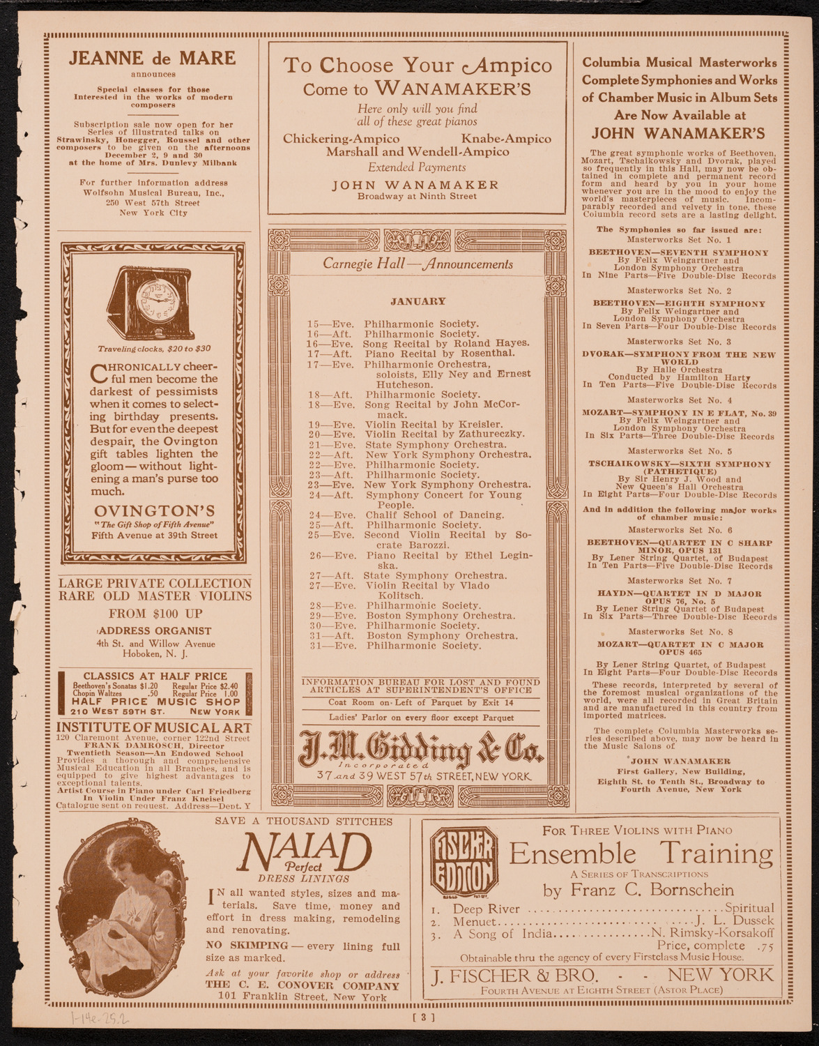 Arno Segall, Violin, January 14, 1925, program page 3