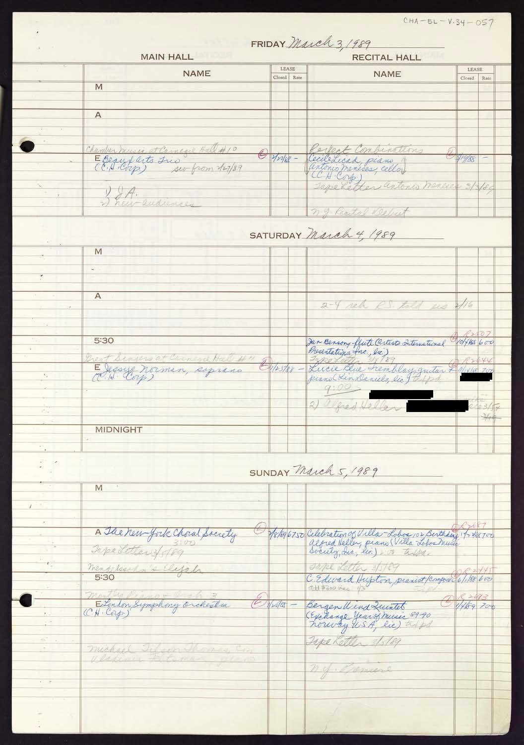 Carnegie Hall Booking Ledger, volume 34, page 57