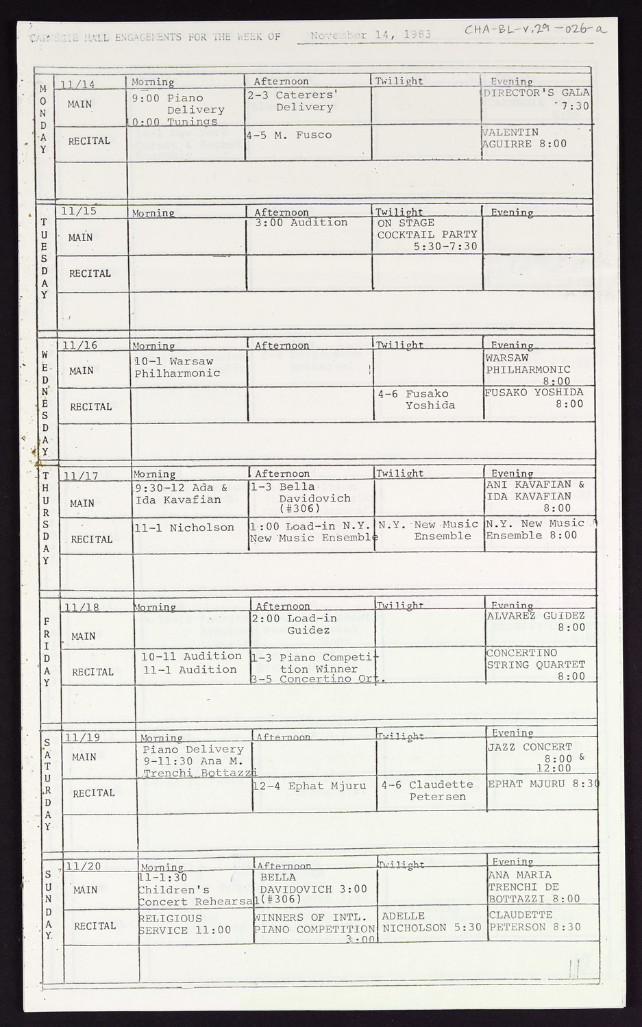 Carnegie Hall Booking Ledger, volume 29, page 26a