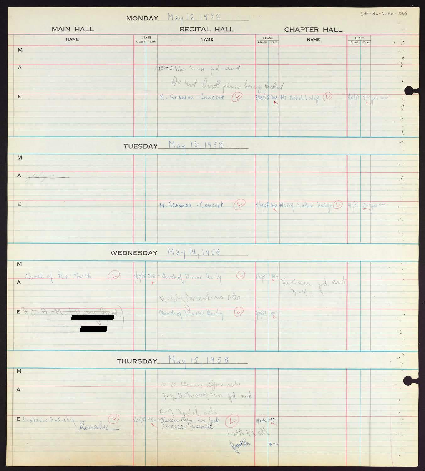 Carnegie Hall Booking Ledger, volume 3, page 68