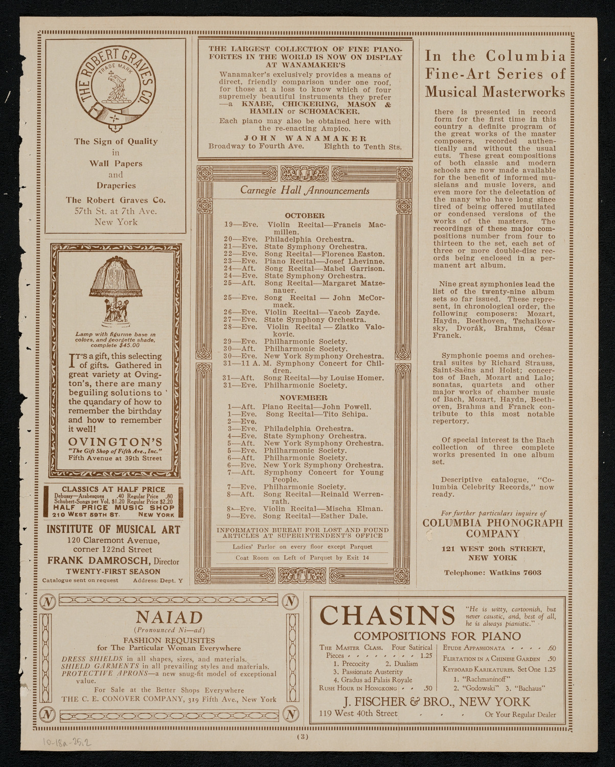 Alexander Brailowsky, Piano, October 18, 1925, program page 3