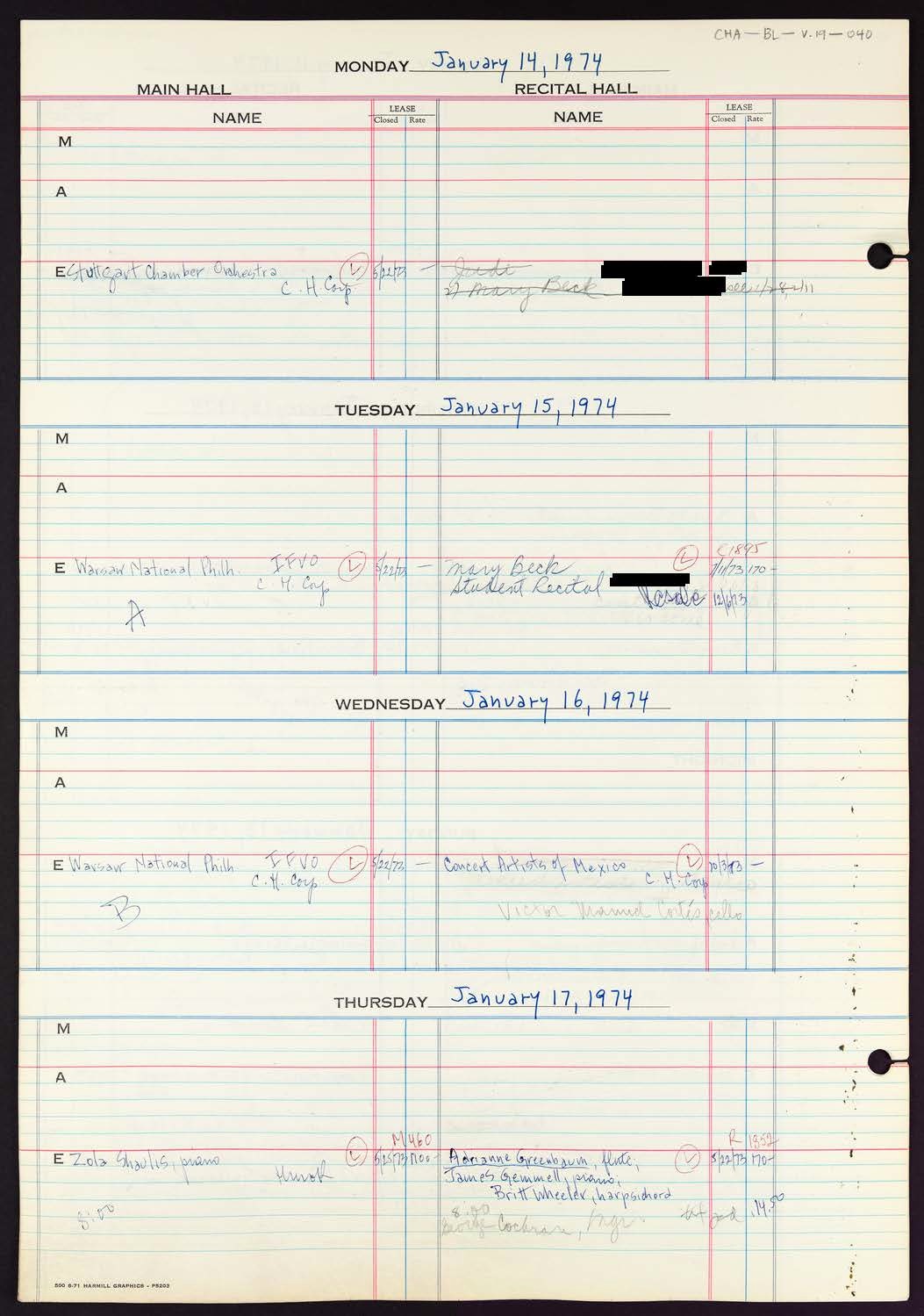 Carnegie Hall Booking Ledger, volume 19, page 40