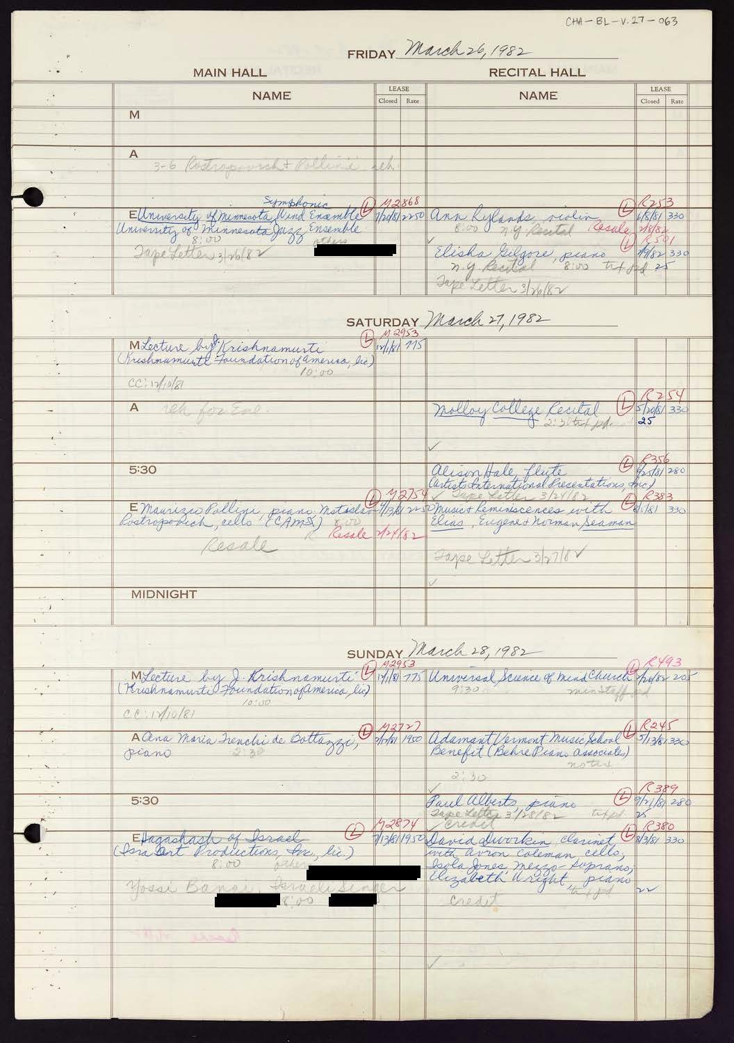 Carnegie Hall Booking Ledger, volume 27, page 63