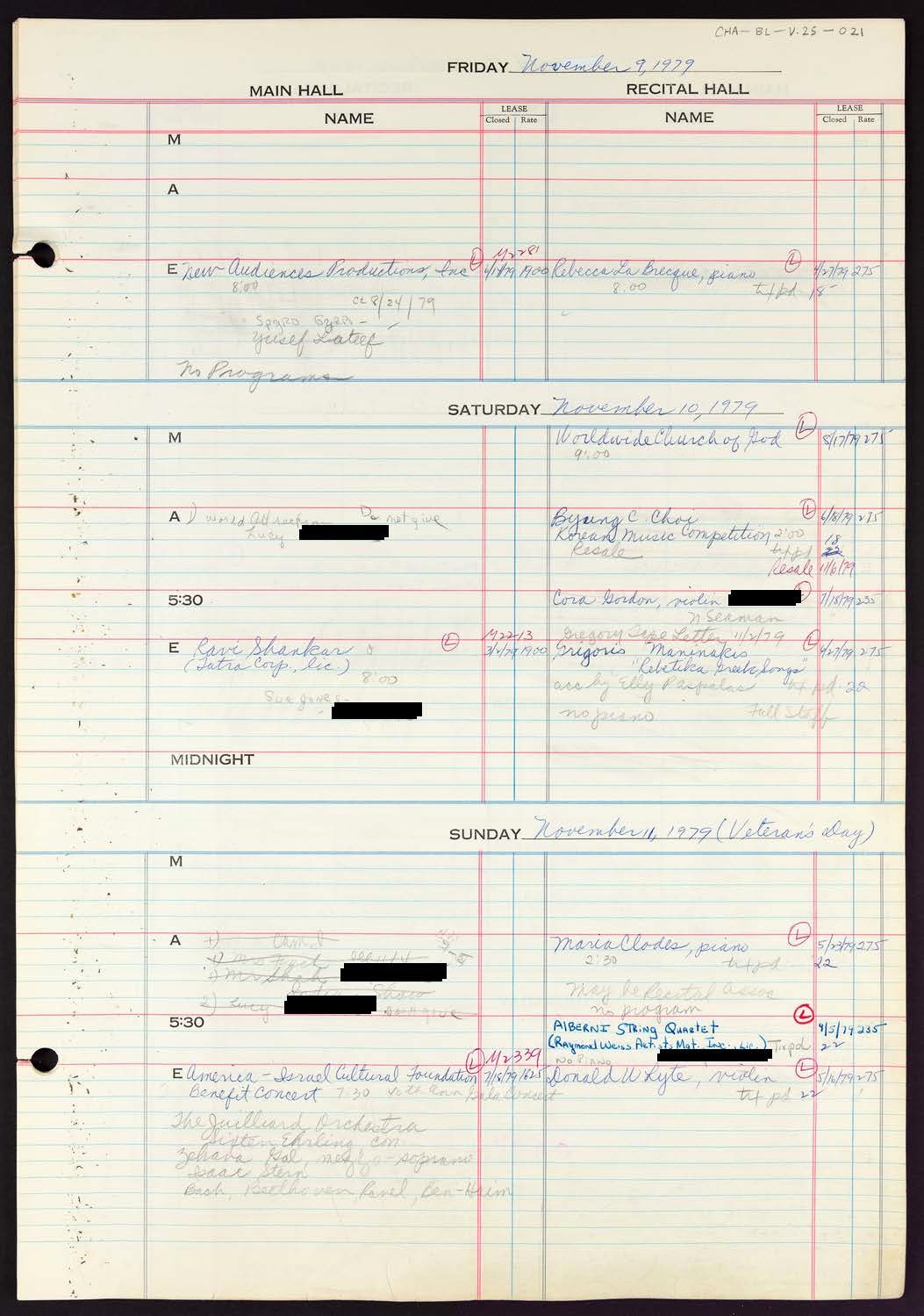 Carnegie Hall Booking Ledger, volume 25, page 21