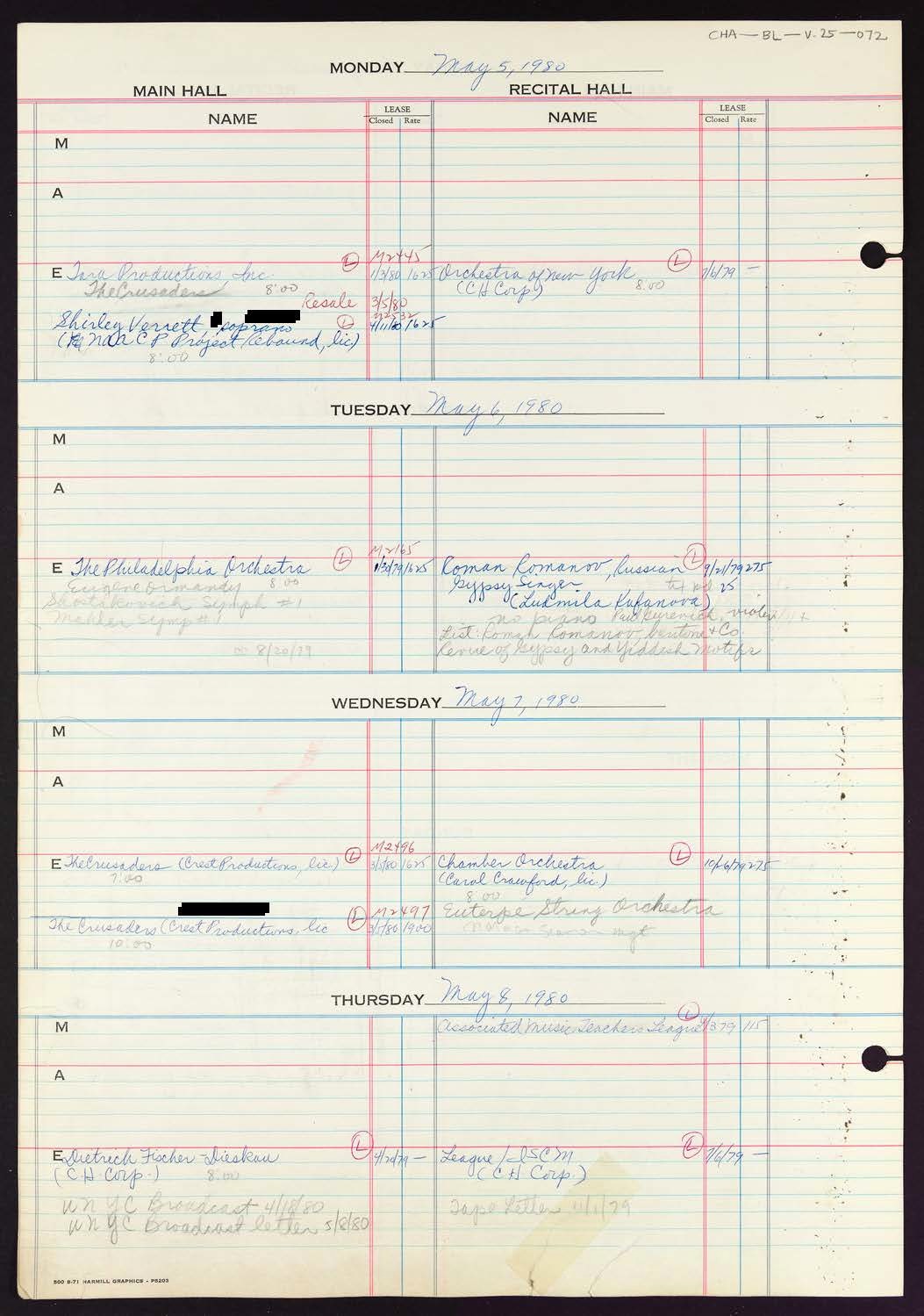 Carnegie Hall Booking Ledger, volume 25, page 72