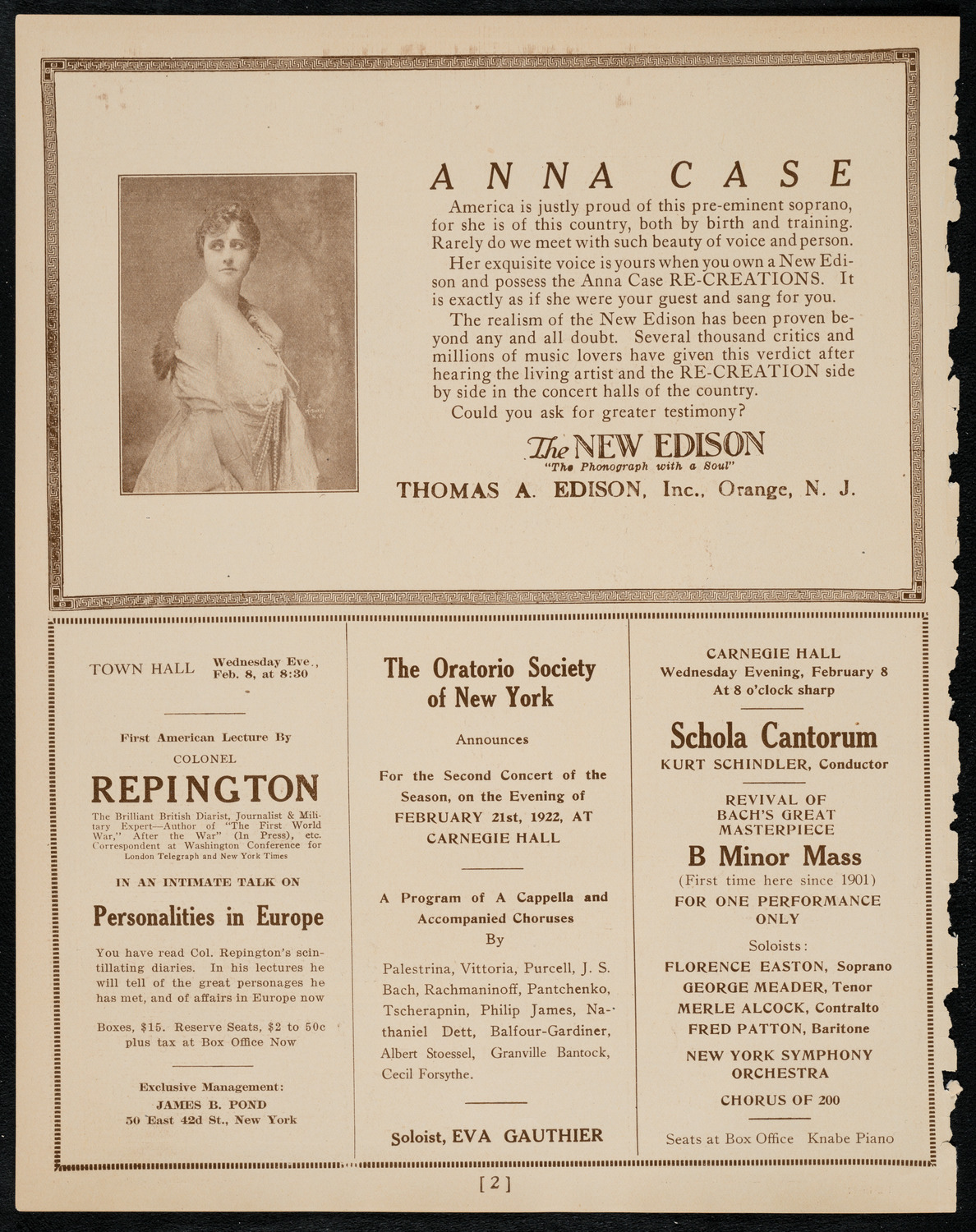 Society of the Friends of Music, February 1, 1922, program page 2