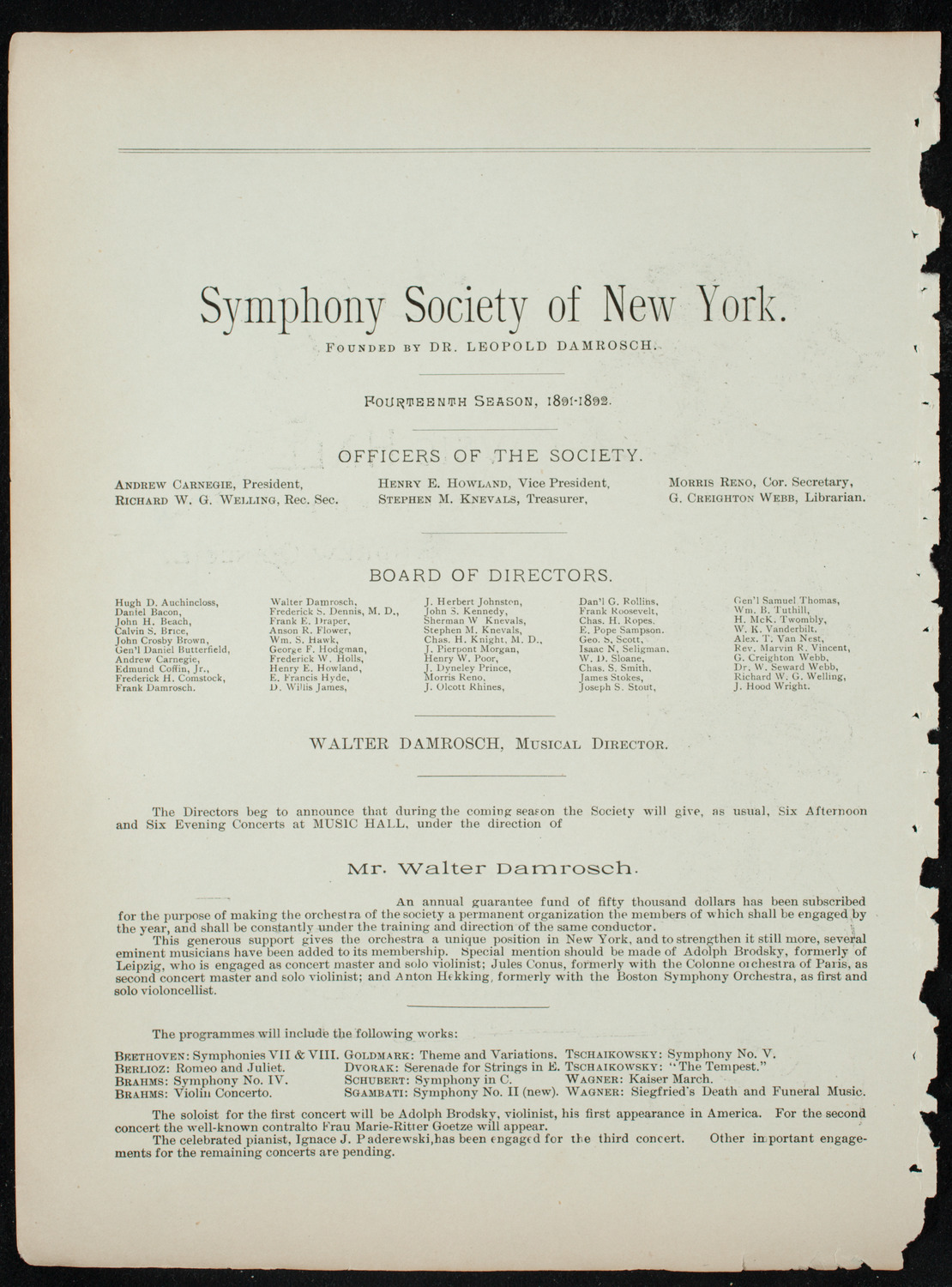 Damrosch Sunday Concert, December 6, 1891, program page 2