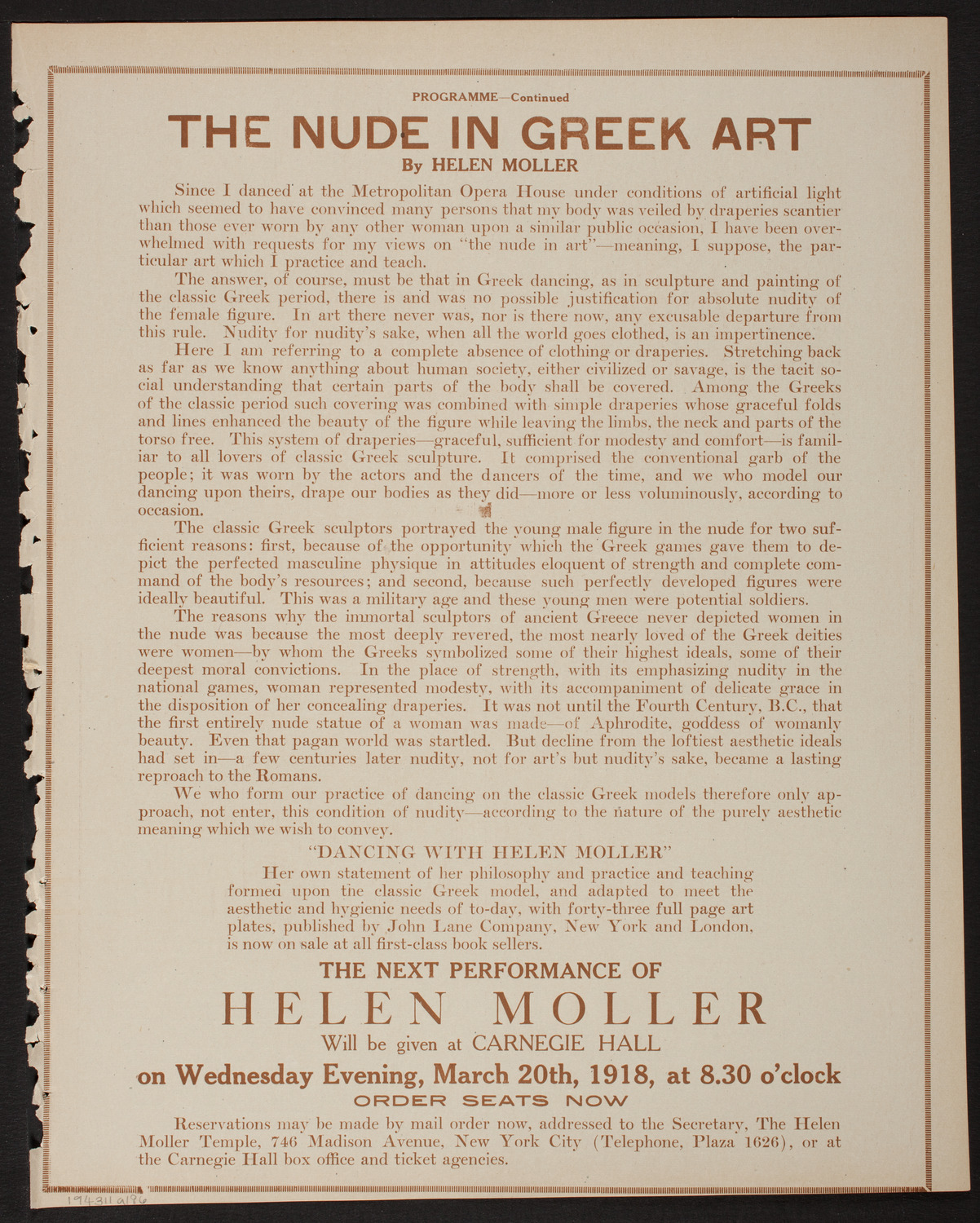 Helen Moller and Her Pupils, March 11, 1918, program page 11