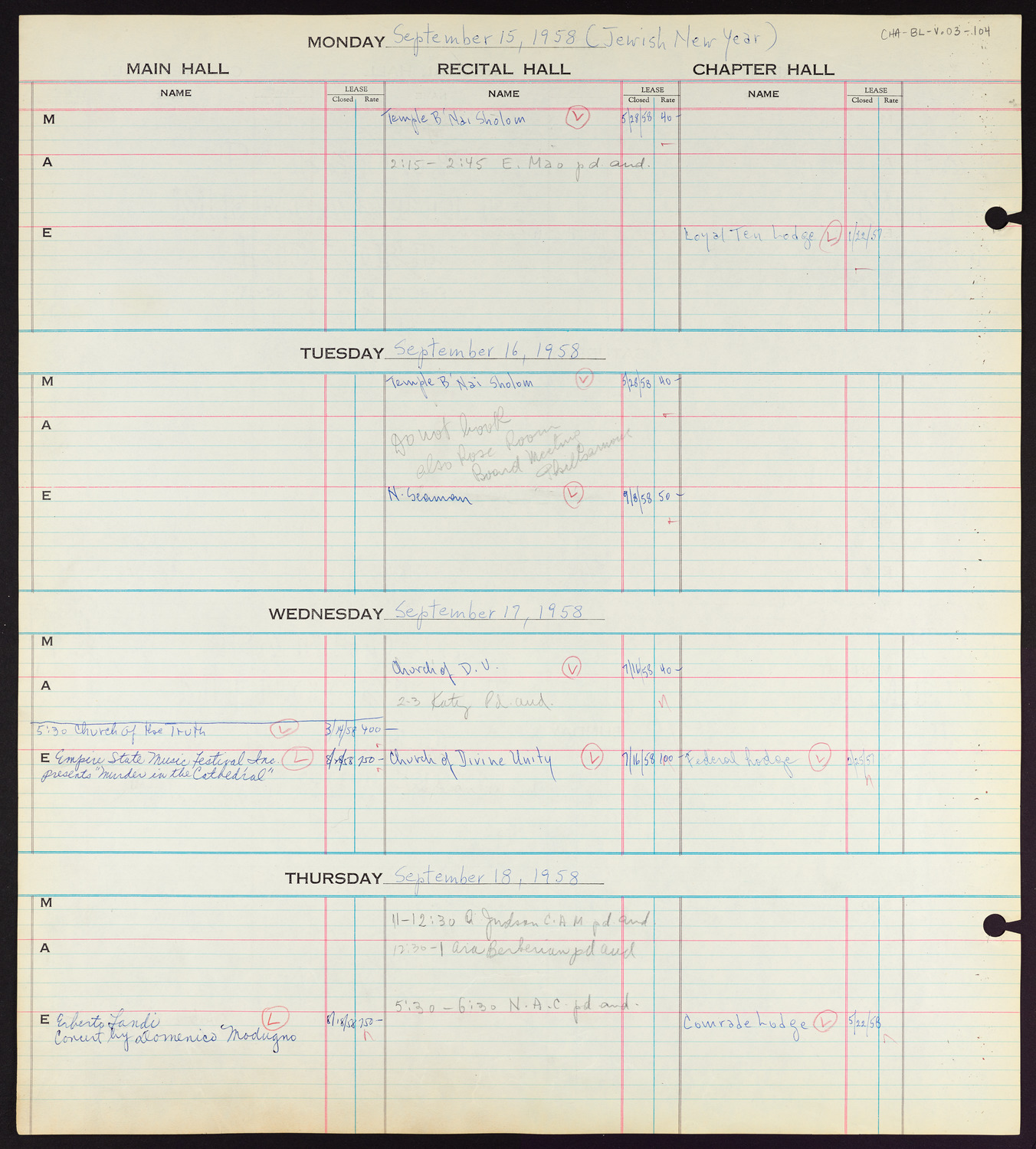 Carnegie Hall Booking Ledger, volume 3, page 104