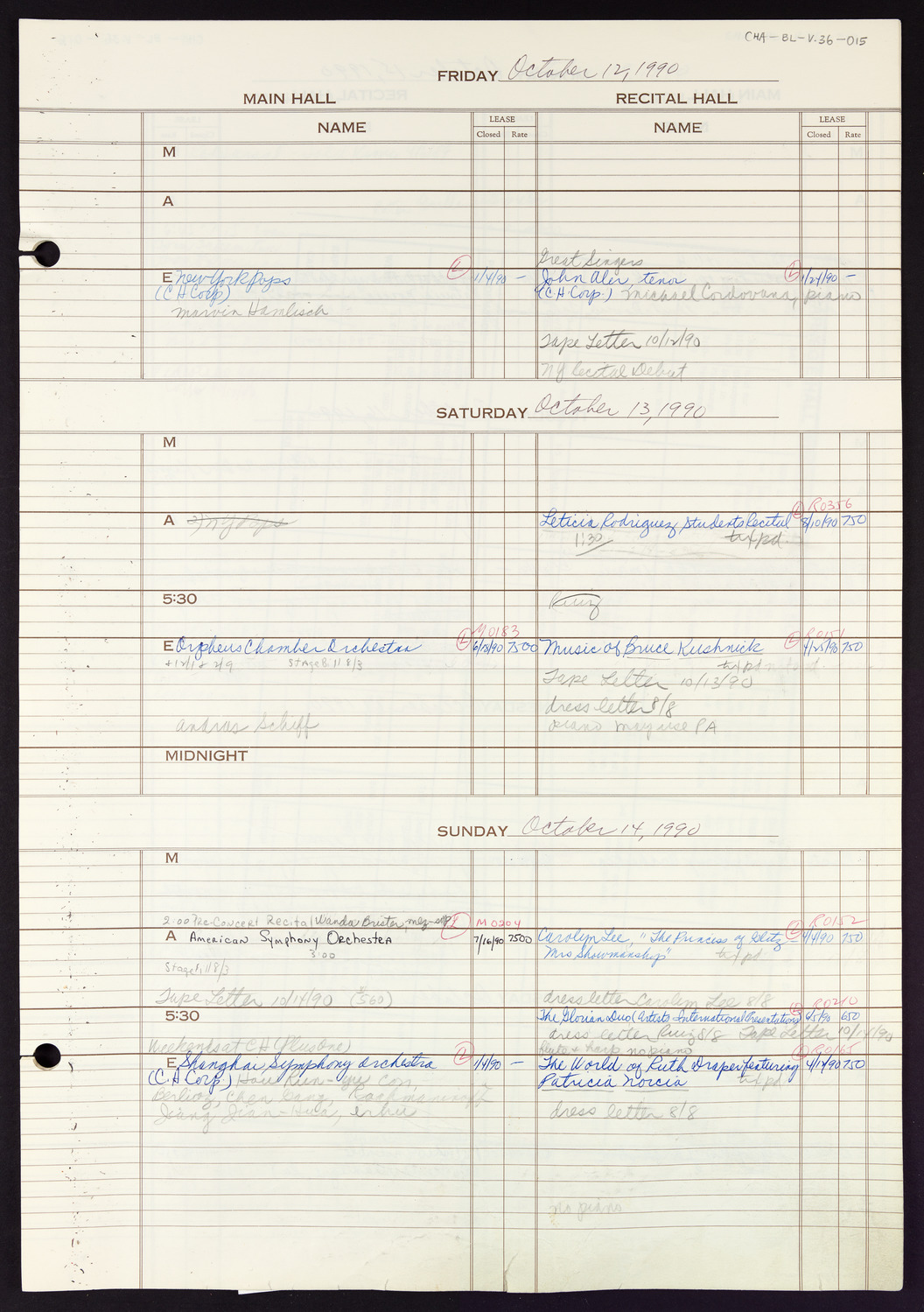 Carnegie Hall Booking Ledger, volume 36, page 15