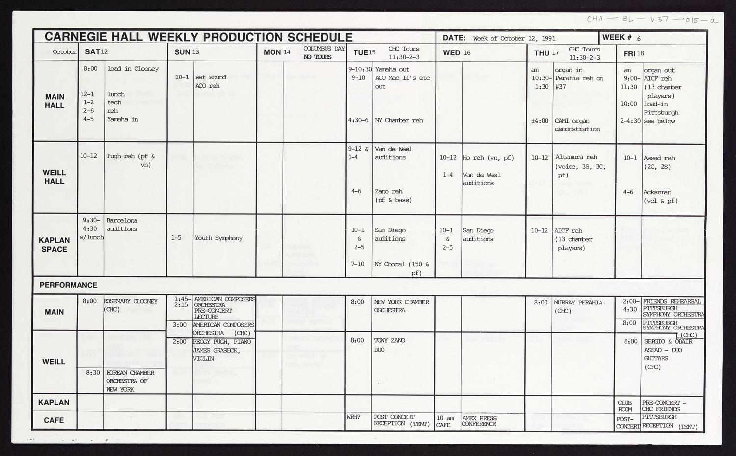 Carnegie Hall Booking Ledger, volume 37, page 15a