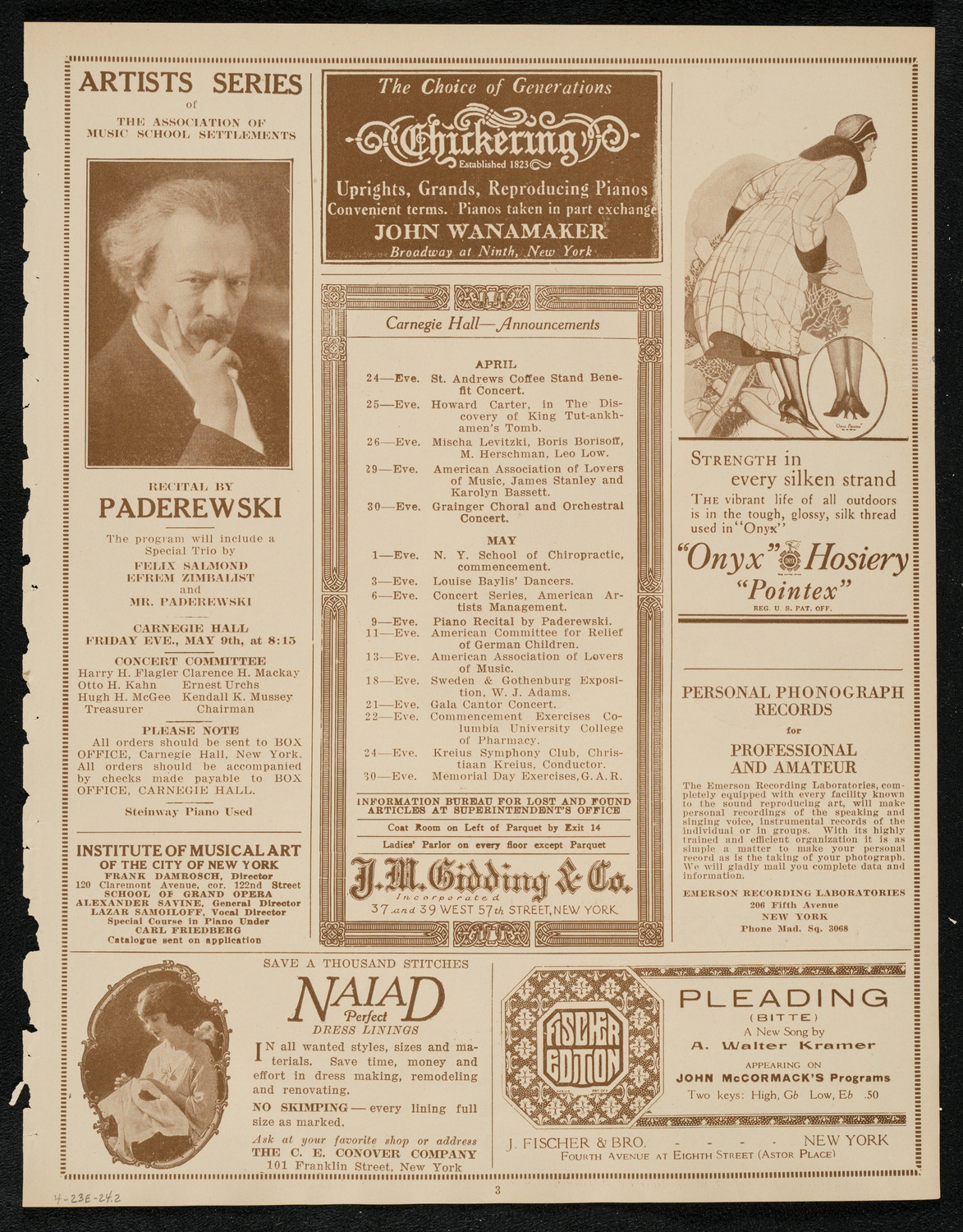 Isa Kremer, Soprano, Abracha Konevsky, Violin, Sara Sokolsky-Fried, Piano, and Josef Rosenblatt, Tenor, April 23, 1924, program page 3