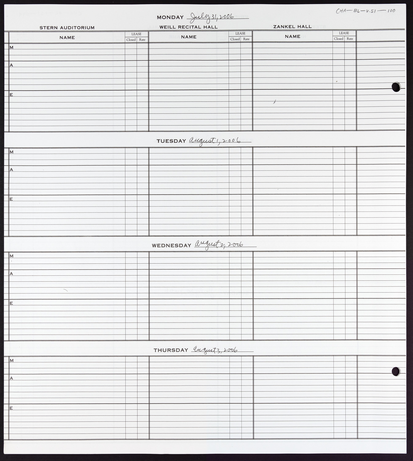 Carnegie Hall Booking Ledger, volume 51, page 100