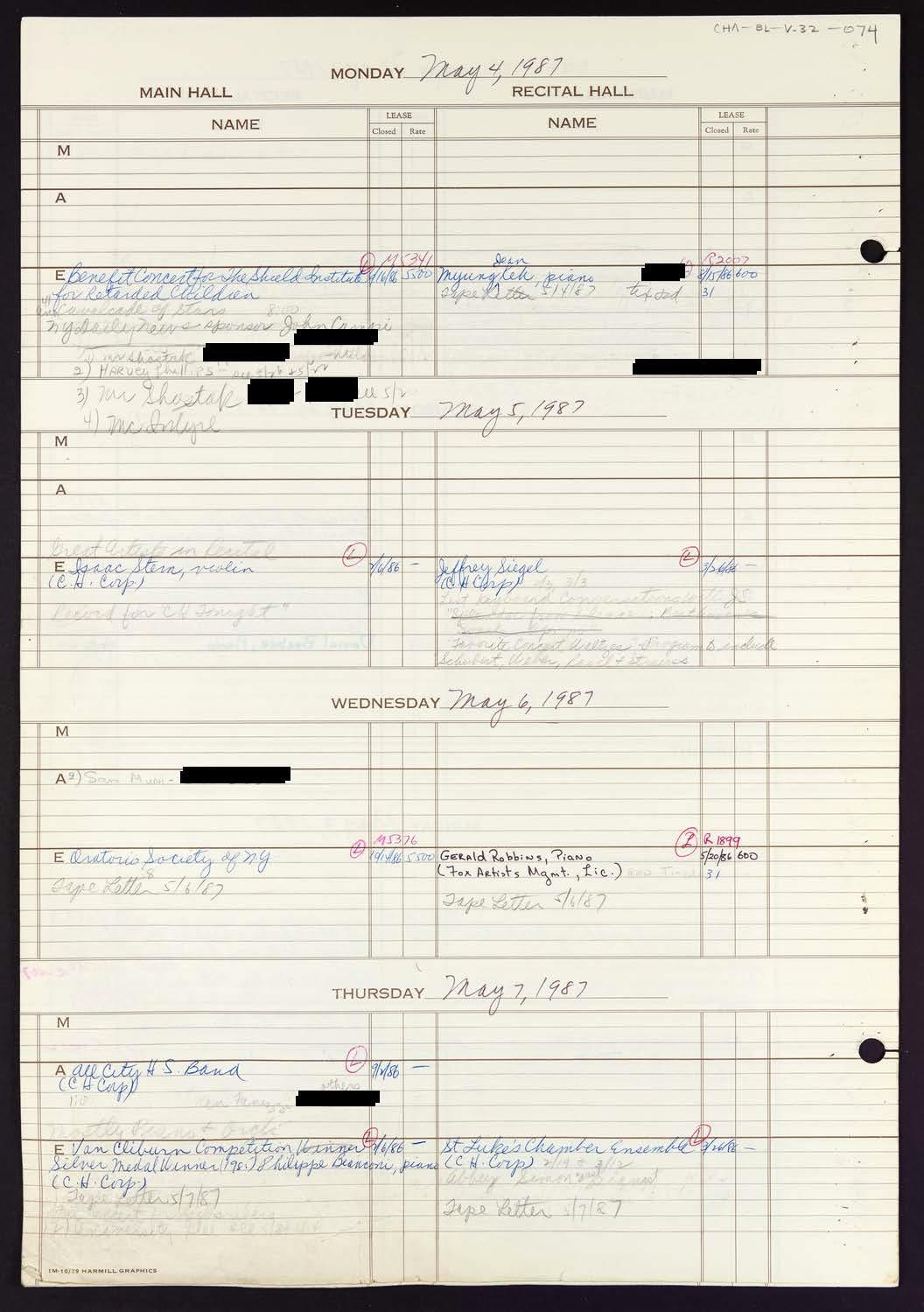 Carnegie Hall Booking Ledger, volume 32, page 74