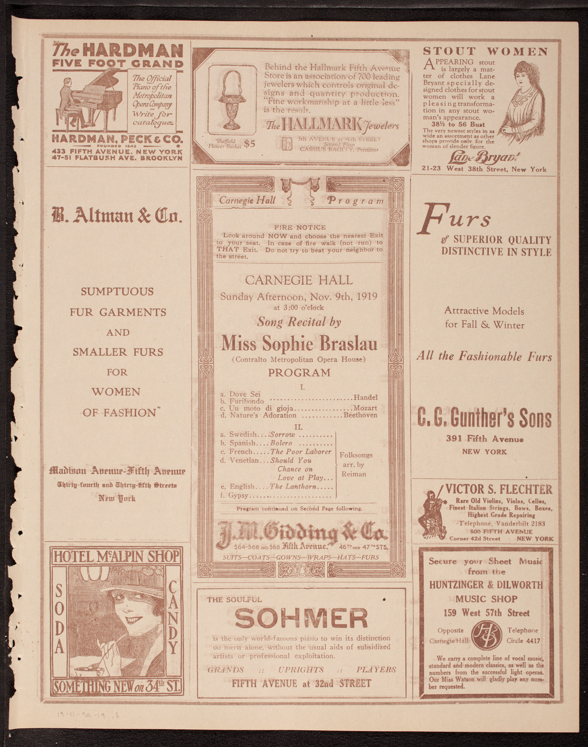 Sophie Braslau, Contralto, November 9, 1919, program page 5