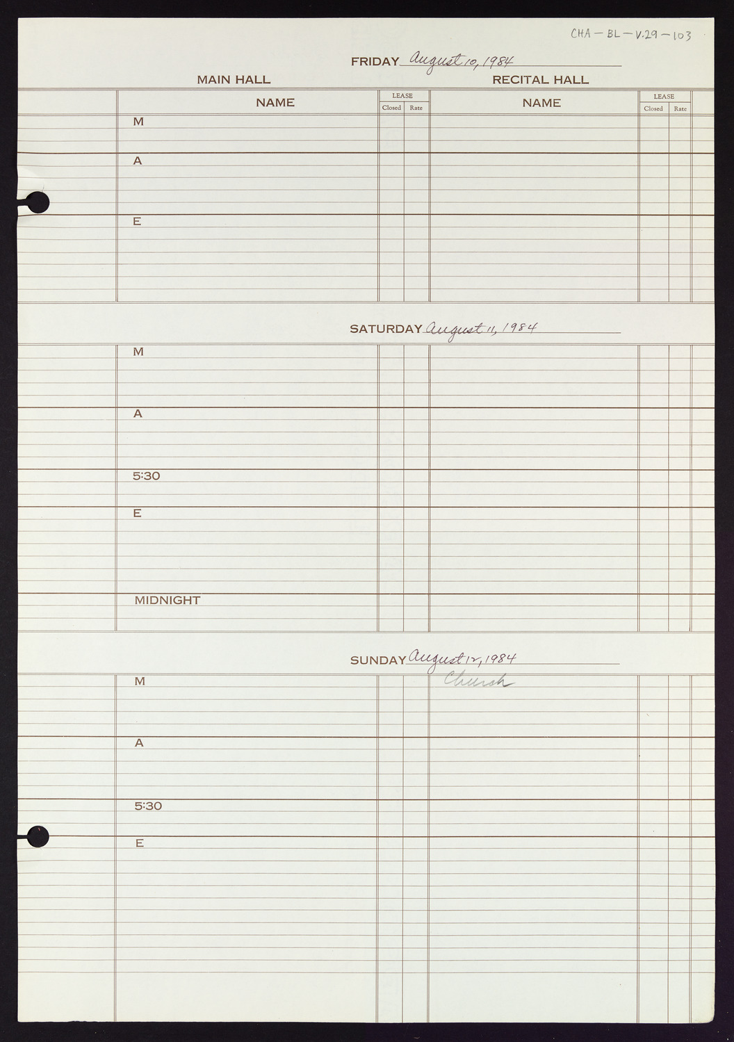 Carnegie Hall Booking Ledger, volume 29, page 103