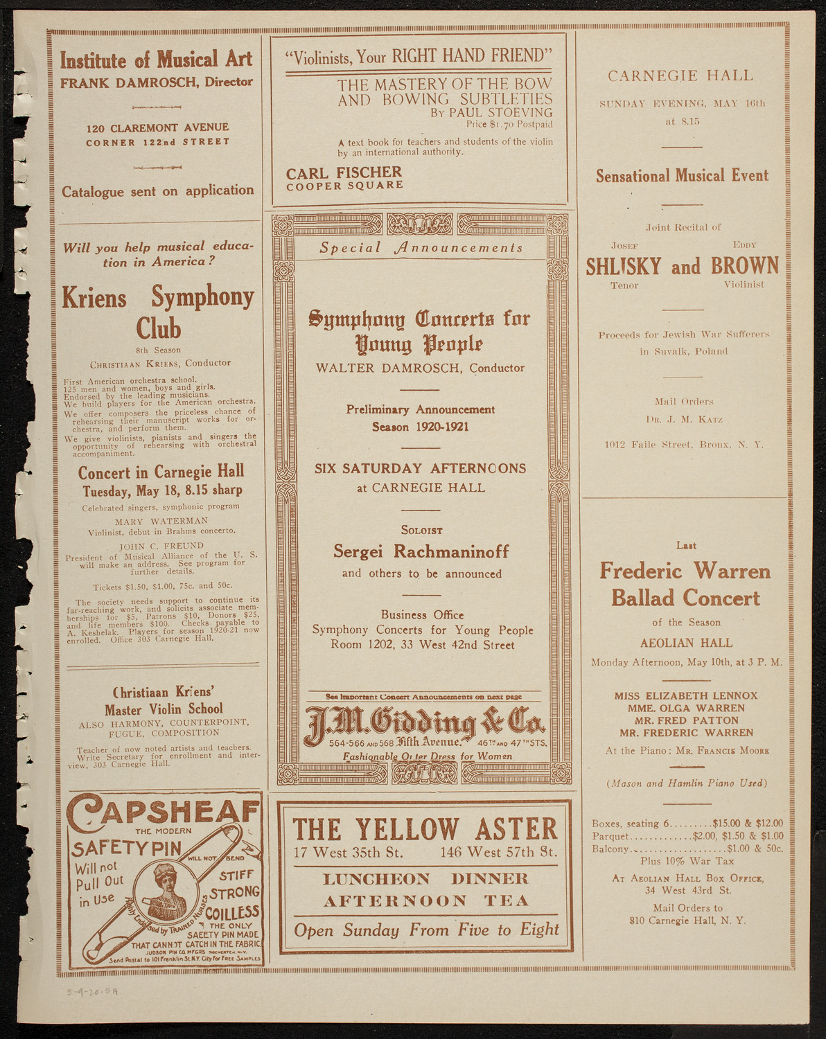 Cantor Zavel Kwartin, Baritone, May 9, 1920, program page 9