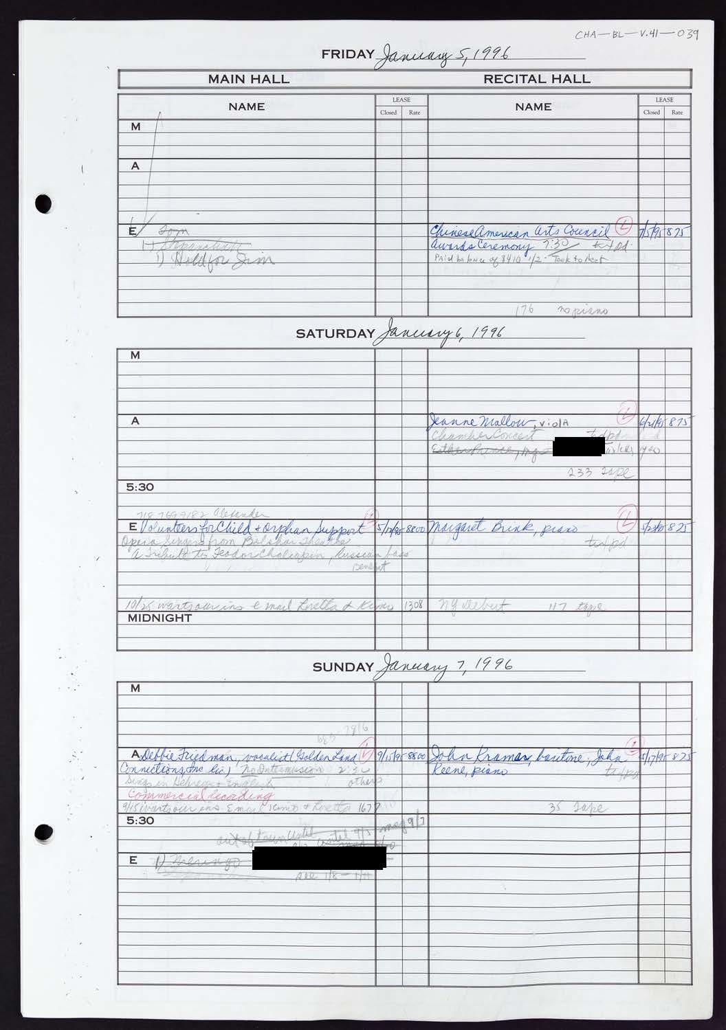 Carnegie Hall Booking Ledger, volume 41, page 39