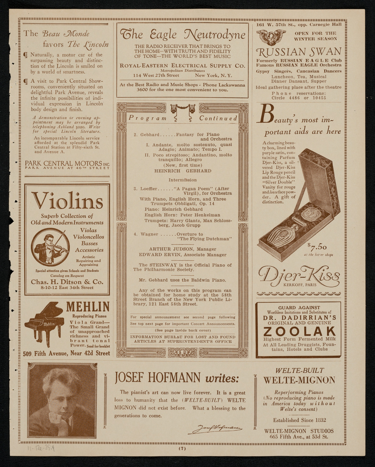 New York Philharmonic, November 12, 1925, program page 7