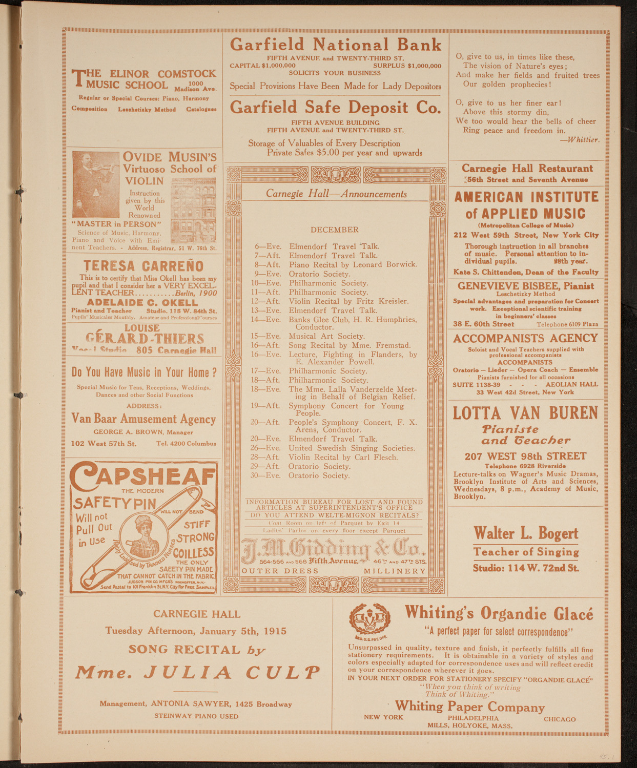 New York Philharmonic, December 6, 1914, program page 3