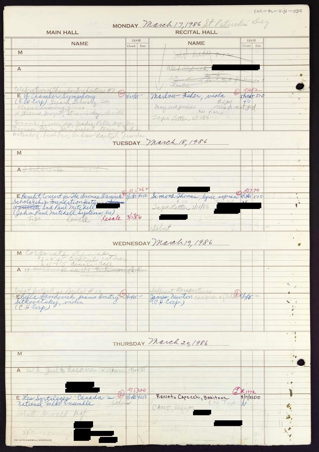 Carnegie Hall Booking Ledger, volume 31, page 58