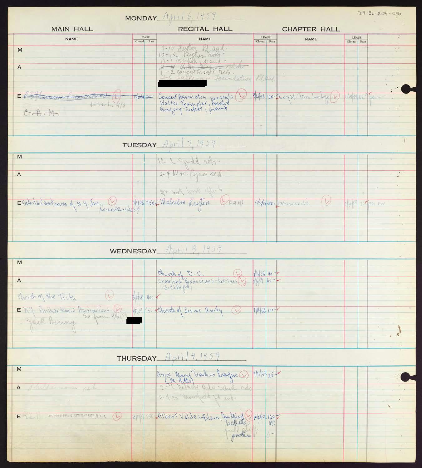 Carnegie Hall Booking Ledger, volume 4, page 56