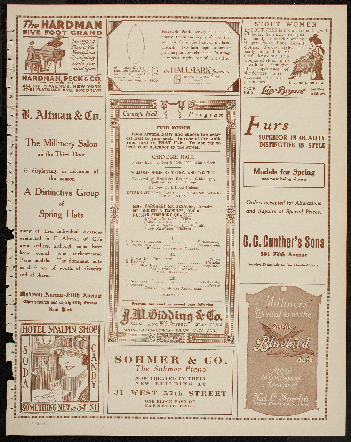 Reception and Concert for Benjamin Schlesinger, March 12, 1920, program page 5