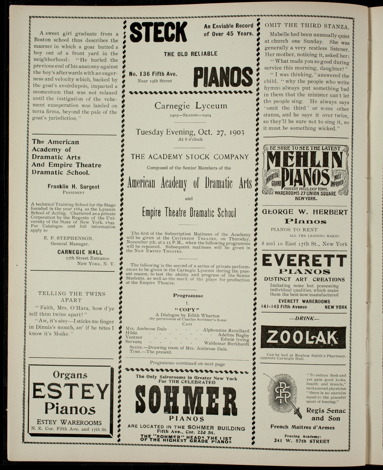 Academy Stock Company of the American Academy of Dramatic Arts/ Empire Theatre Dramatic School, October 27, 1903, program page 2