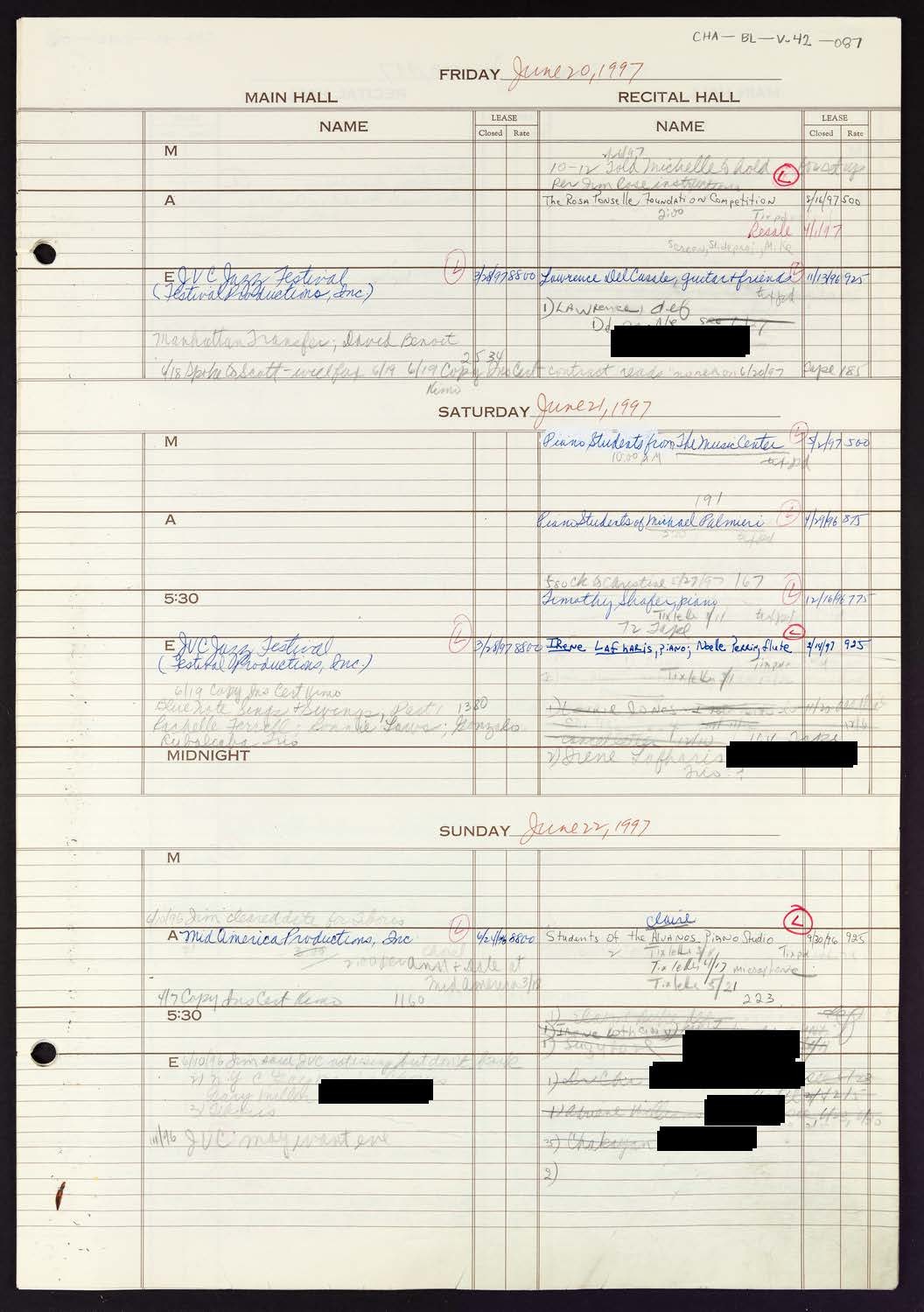 Carnegie Hall Booking Ledger, volume 42, page 87