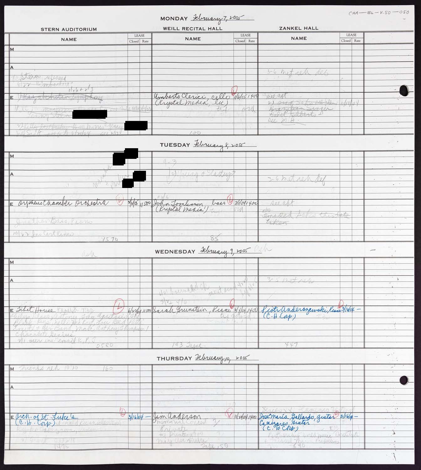 Carnegie Hall Booking Ledger, volume 50, page 50