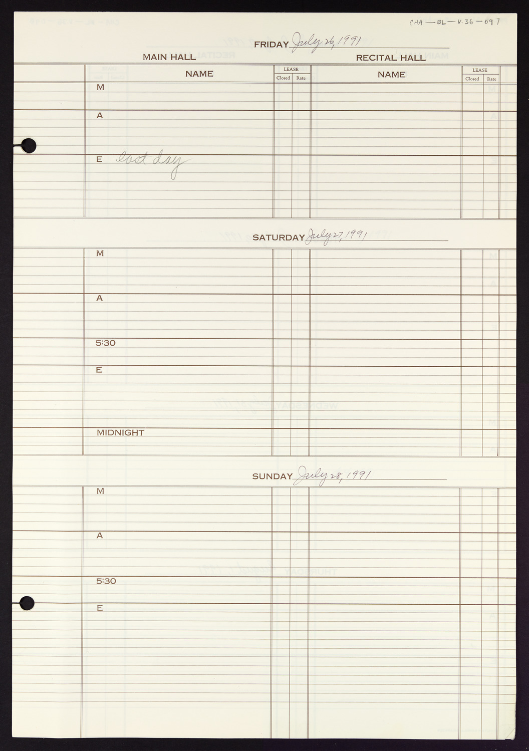 Carnegie Hall Booking Ledger, volume 36, page 97