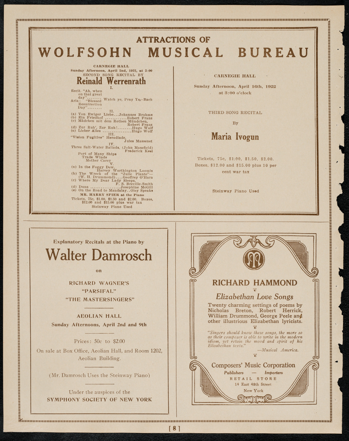 Schola Cantorum of New York, March 29, 1922, program page 8