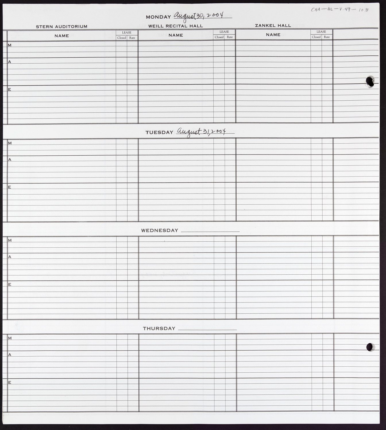 Carnegie Hall Booking Ledger, volume 49, page 108