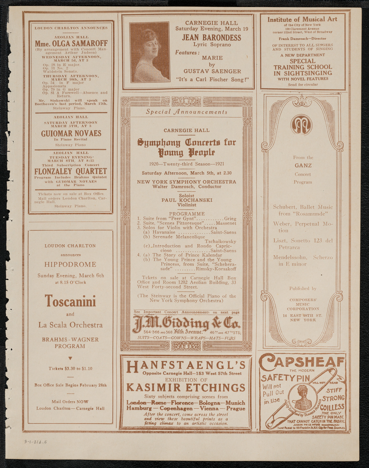 National Symphony Orchestra, March 1, 1921, program page 9