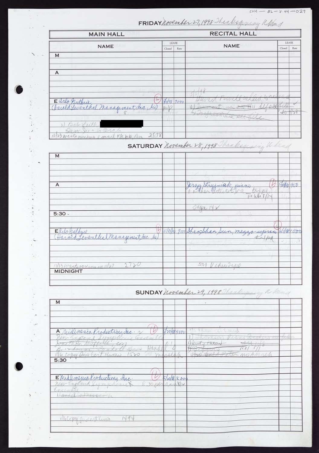 Carnegie Hall Booking Ledger, volume 44, page 29