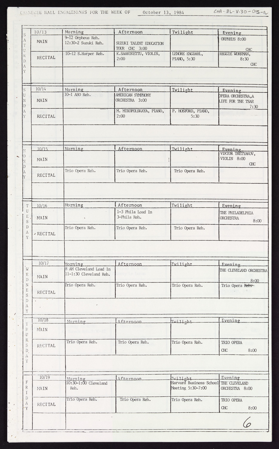 Carnegie Hall Booking Ledger, volume 30, page 15a