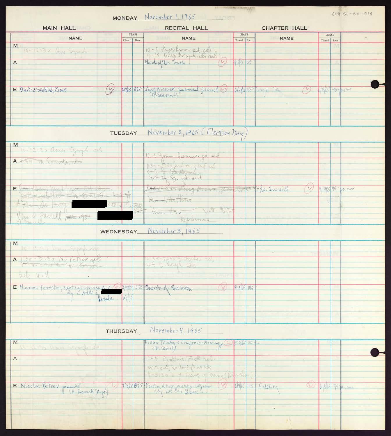 Carnegie Hall Booking Ledger, volume 11, page 20