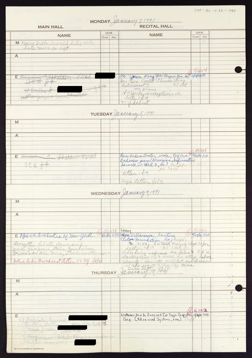 Carnegie Hall Booking Ledger, volume 36, page 40