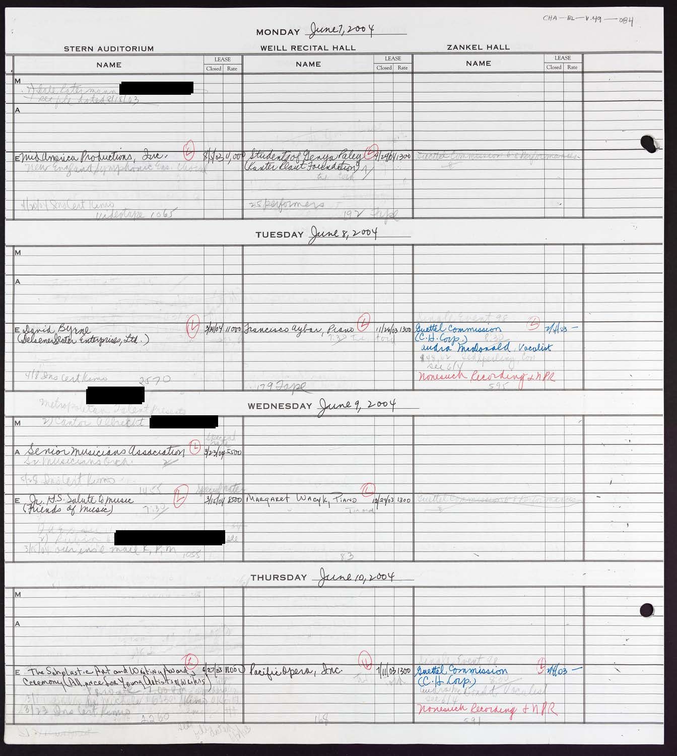 Carnegie Hall Booking Ledger, volume 49, page 84