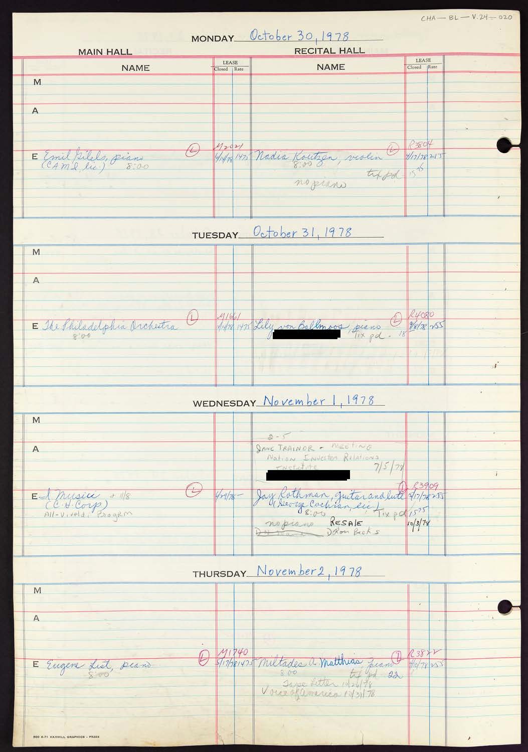 Carnegie Hall Booking Ledger, volume 24, page 20