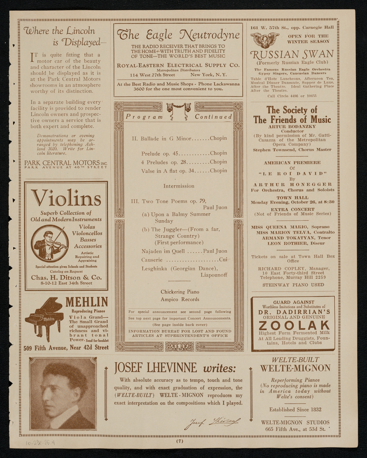 Josef Lhévinne, Piano, October 23, 1925, program page 7