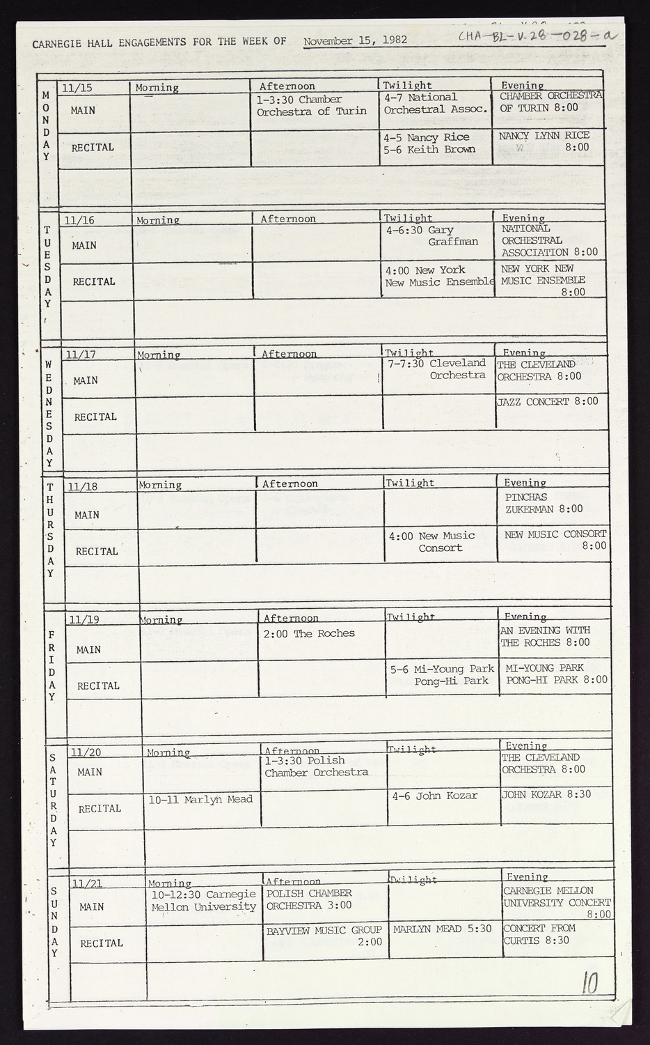 Carnegie Hall Booking Ledger, volume 28, page 28a