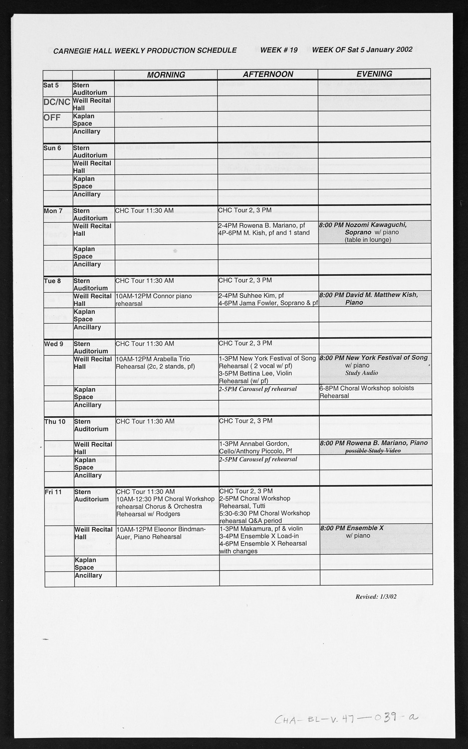 Carnegie Hall Booking Ledger, volume 47, page 39a