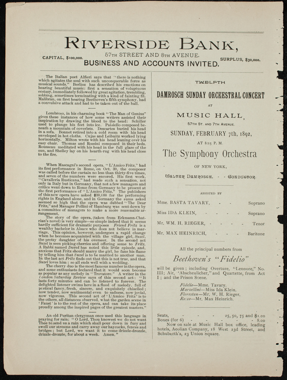 Damrosch Sunday Concert, January 31, 1892, program page 8